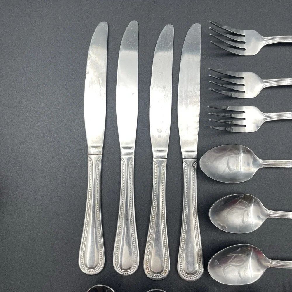 Pfaltzgraff Pearl Stainless Flatware Lot 18 Pieces Beaded Discontinued